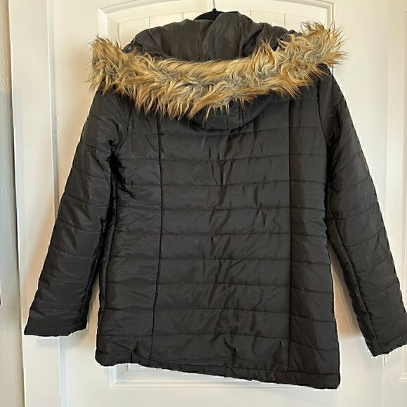 AMBIANCE classic black puffer jacket faux fur lined hood zip pockets women's M - Picture 6 of 9